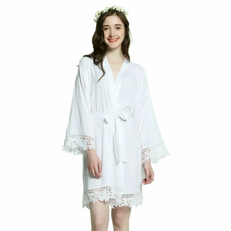 Solid Cotton Kimono Robes with Lace Trim Women Wedding Bridal Robes Bathrobe Sleepwear Bridesmaid Robes Bathrobe