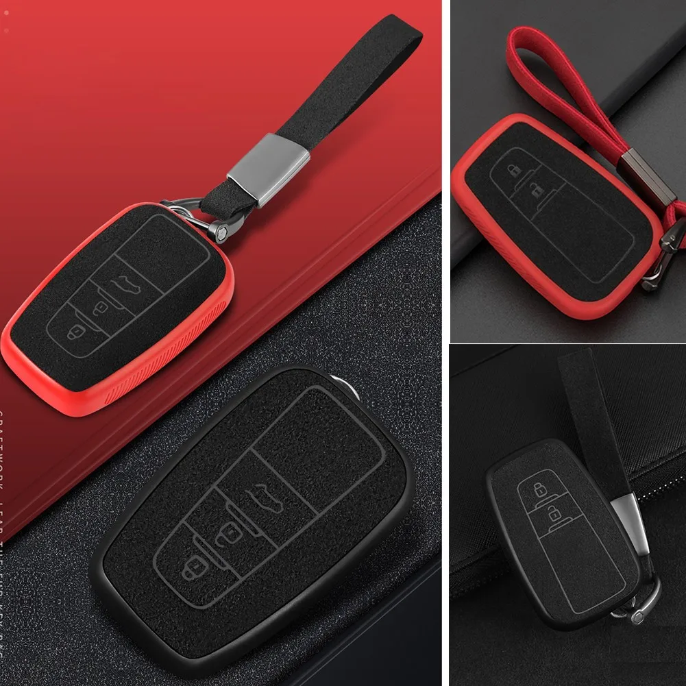 

Suede Protective Cover Key Keychain For Toyota Camry Hybrid 2018-2020 Black/Red Smart Car Key Case Cover Interior Accessories