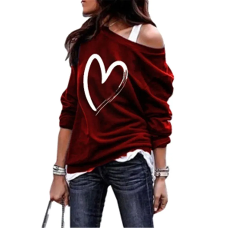 

Umeko 2020 Autumn Sweatshirt Women's Casual Long Sleeve Off Shoulder Tops Love Heart Printed Pullover Jumper Hoodie Plus Size