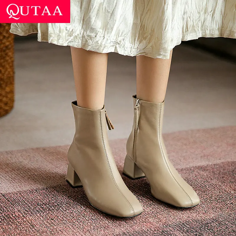 

QUTAA 2022 Women Shoes Leather Elegant Square Toe Square High Heel Zipper Autumn Winter Casual Ankle Boots Big Size 34-40