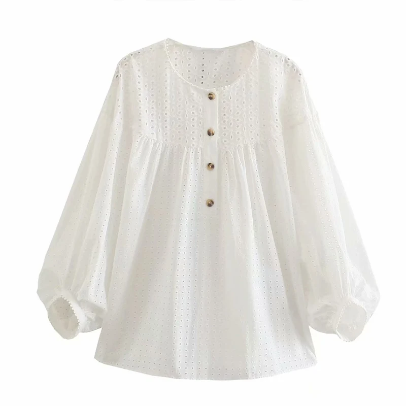 

Cotton Casual Loose White Women Clothing 2021 Summer Lantern Sleeve Women Blouse and Tops Hollow Out O Neck Shirts Blusas 14449