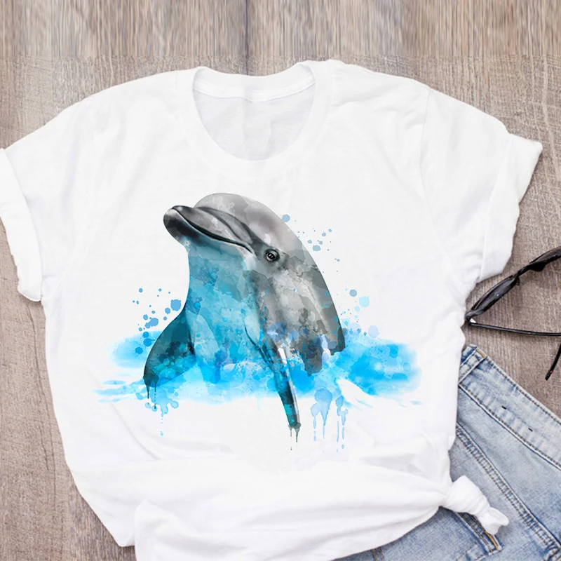 

Dolphins T Shirt Casual Women Animal Sweatshirt Print Short Sleeve Streetwear O Neck Tops Hip Hop Graphic Tshirt Summer Tees