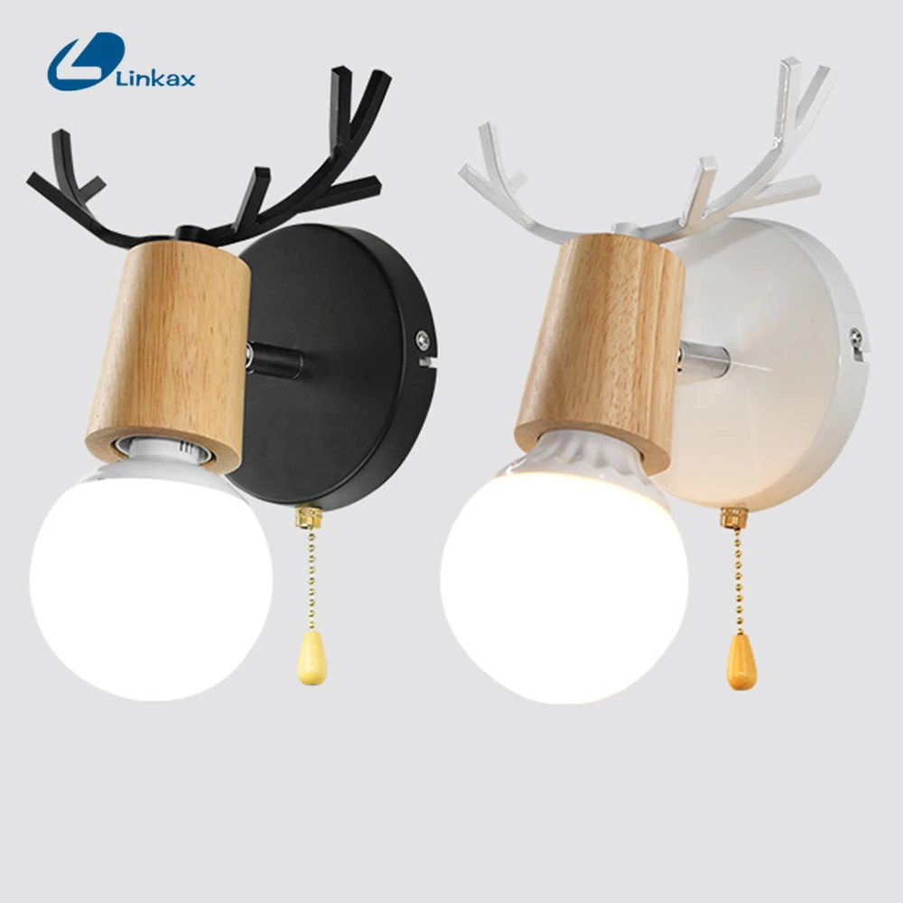 

Antlers LED Wall Light Wood Wall Lamps Modern Nordic Style Wall Lamps Bed Bedside Light E27 White & Black Lampshade Home Decor
