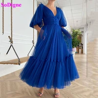 sodigne v neck tulle prom dresses puff sleeves ruched a line wedding party dresses buttoned top tea length prom gowns