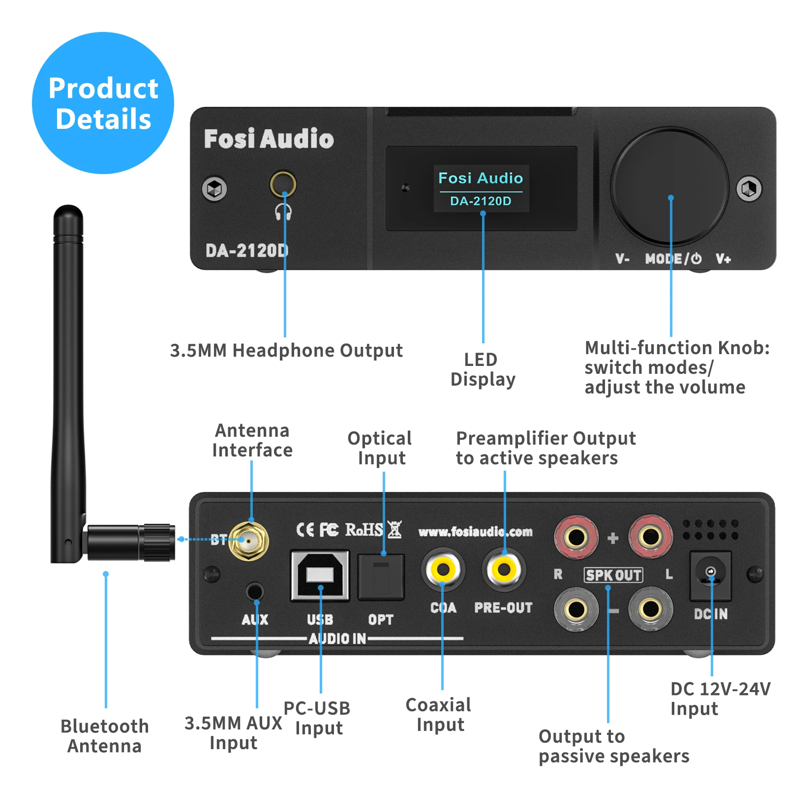 DA-2120D 2 1 канальный стерео усилитель мощности 100 Вт USB коаксиальный Оптический AUX