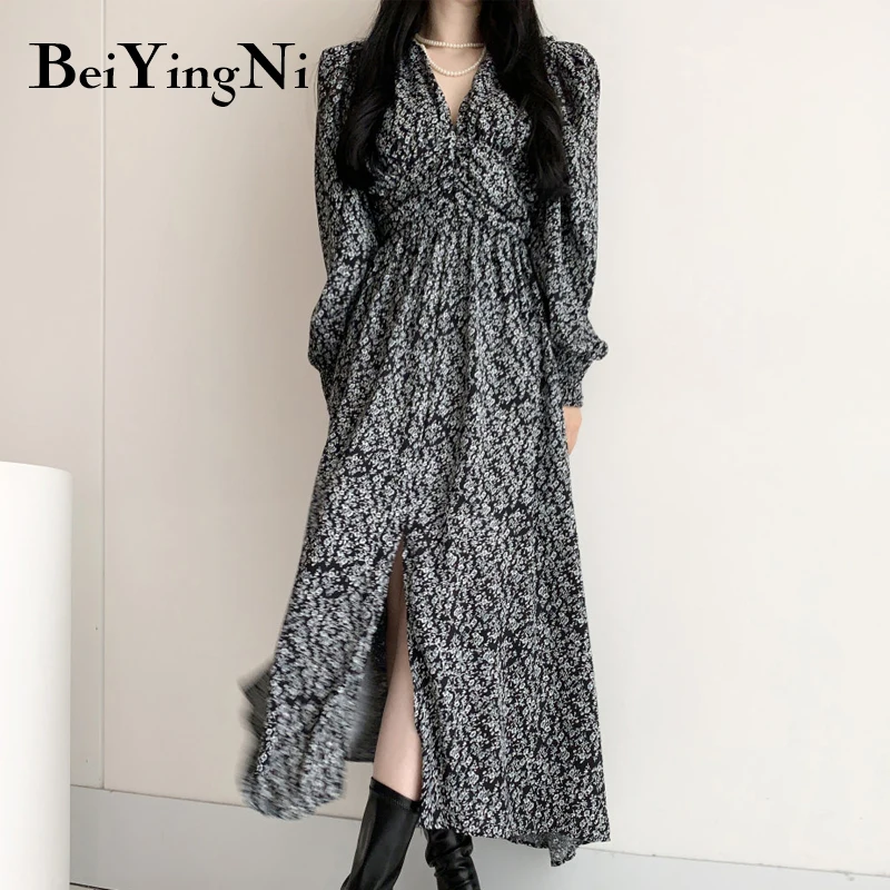 

Beiyingni CHIC French Long Midi Dress Women Floral Printed Vintage Casual Black Green Chiffon Dresses Ladies V-neck Ruched Dress