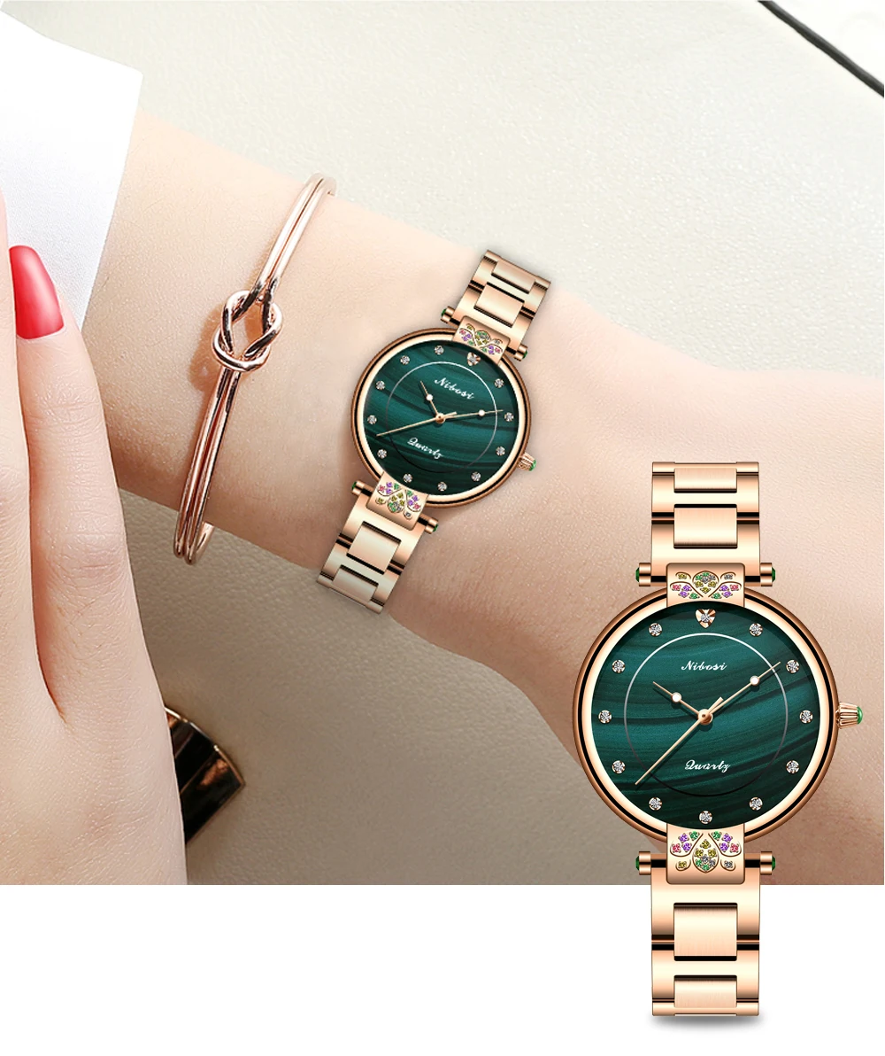 

NIBOSI Gaiety Women Fashion Quartz Watch New Bracelet Set Green Dial Luxury Women Watches Simple Rose Gold Fashion Ladies Watch