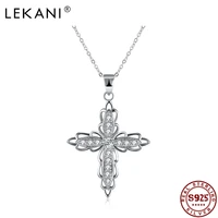 lekani 925 sterling silver pendant necklace romantic diamond encrusted flower shape cross fashion believer necklace fine jewelry