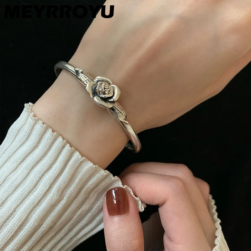 

MEYRROYU Sterling Silver French Elegant Rose Flower Open Bangle Romantic Valentine's Day Gift For Girlfriend Lucky Jewelry 925