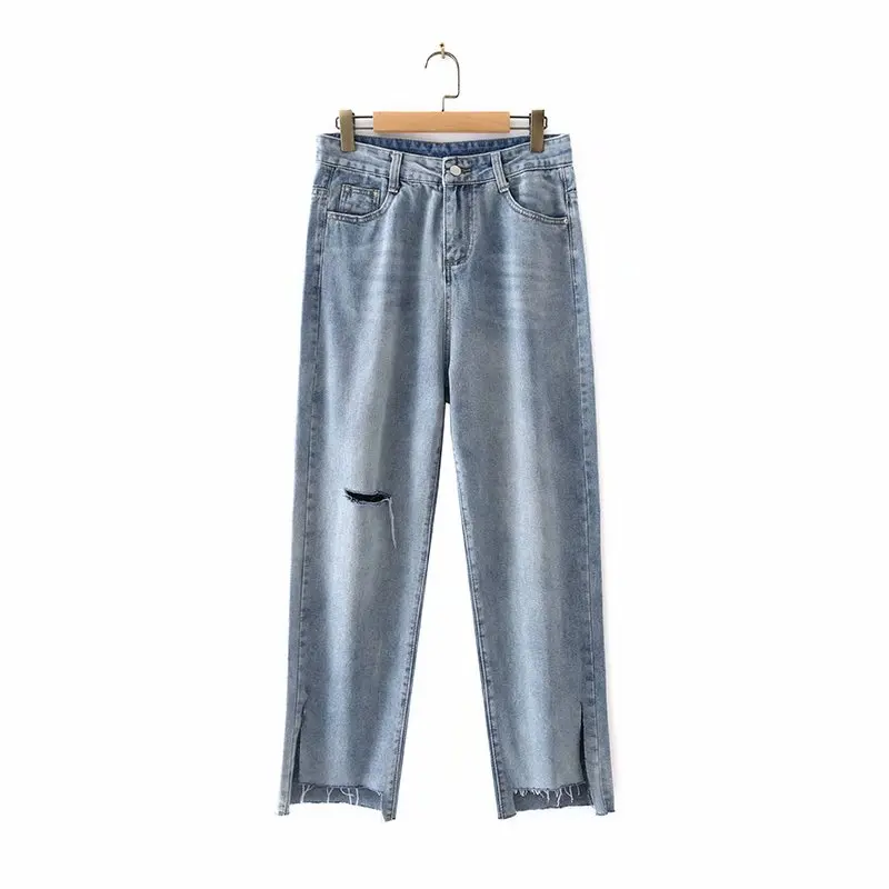 

Plus Size Jeans For Women Hole In Right Knee High Waist Straight Leg Trousers Large Size For Fatwomen Under 220 Pounds Wear