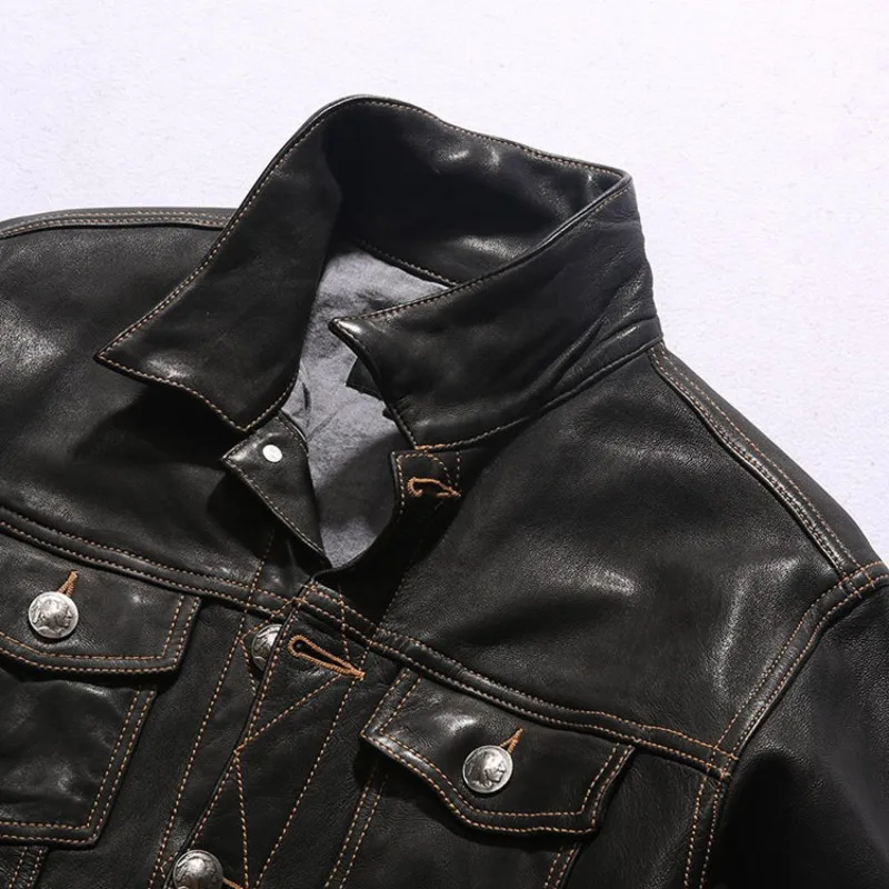 

Cowboy Classic American Genuine Leather Jacket Mens Vintage Slim Fit Single Breasted Motorcycle Short Jackets Street Pilot Coat