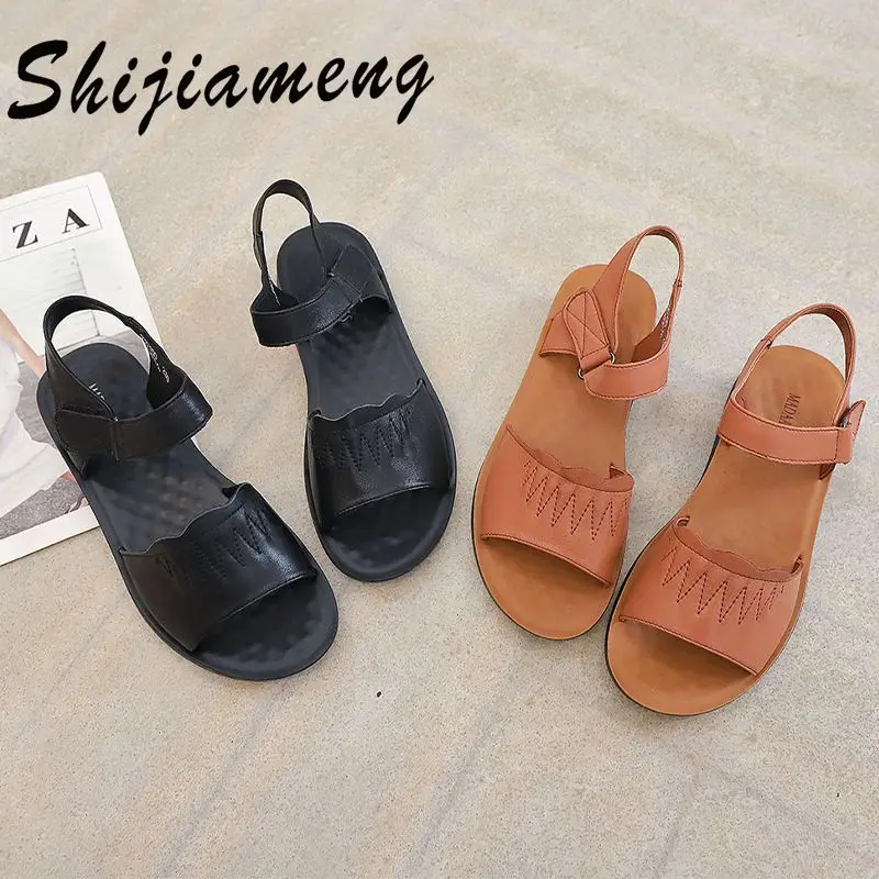 Top leather casual mother sandals women 2021 summer new breathable women's flat shoes low top leather women's shoes
