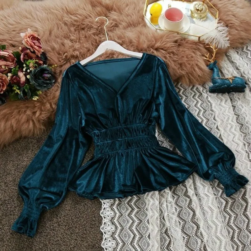 navy blue Neploe/шикарная короткая блузка с v-образным вырезом и оборками, Женская однотонная блуза с длинными рукавами и плиссировкой, осенняя яркая шелковая рубашка, топ 46937 - Цвет: navy blue