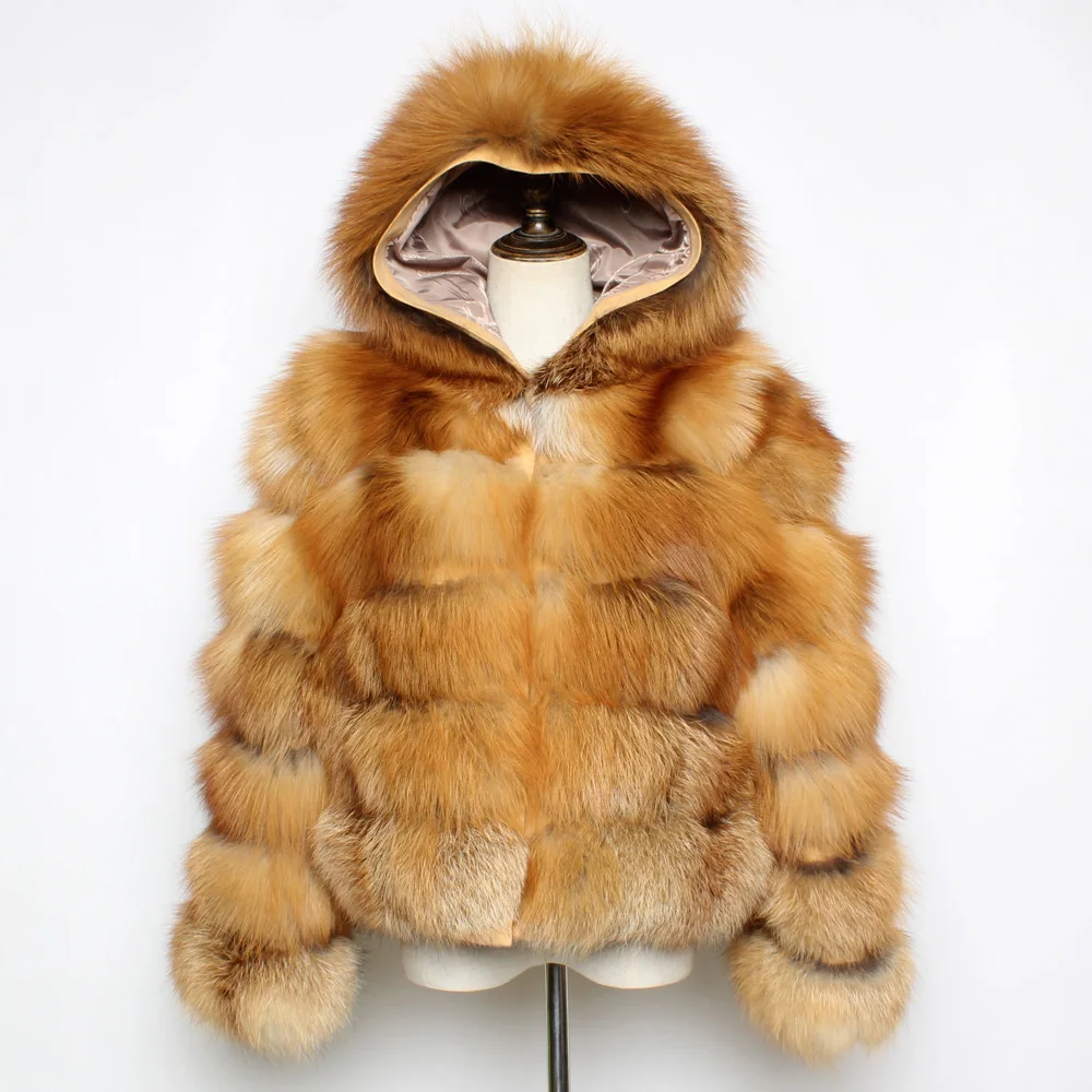Модные женские шубы с капюшоном из 100% натурального Лисьего меха зимняя женская