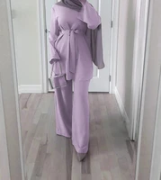 women fashion two piece matching outfit belt tops back zip full sleeve long wide leg pants muslim islamic sets dubai turkey chic