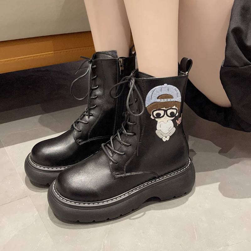 

2021 Women's Ankle Boots Women Boots Autumn Winter Fashion Female Short Boots Round Head Platform Boots Lace Up Martin Boots