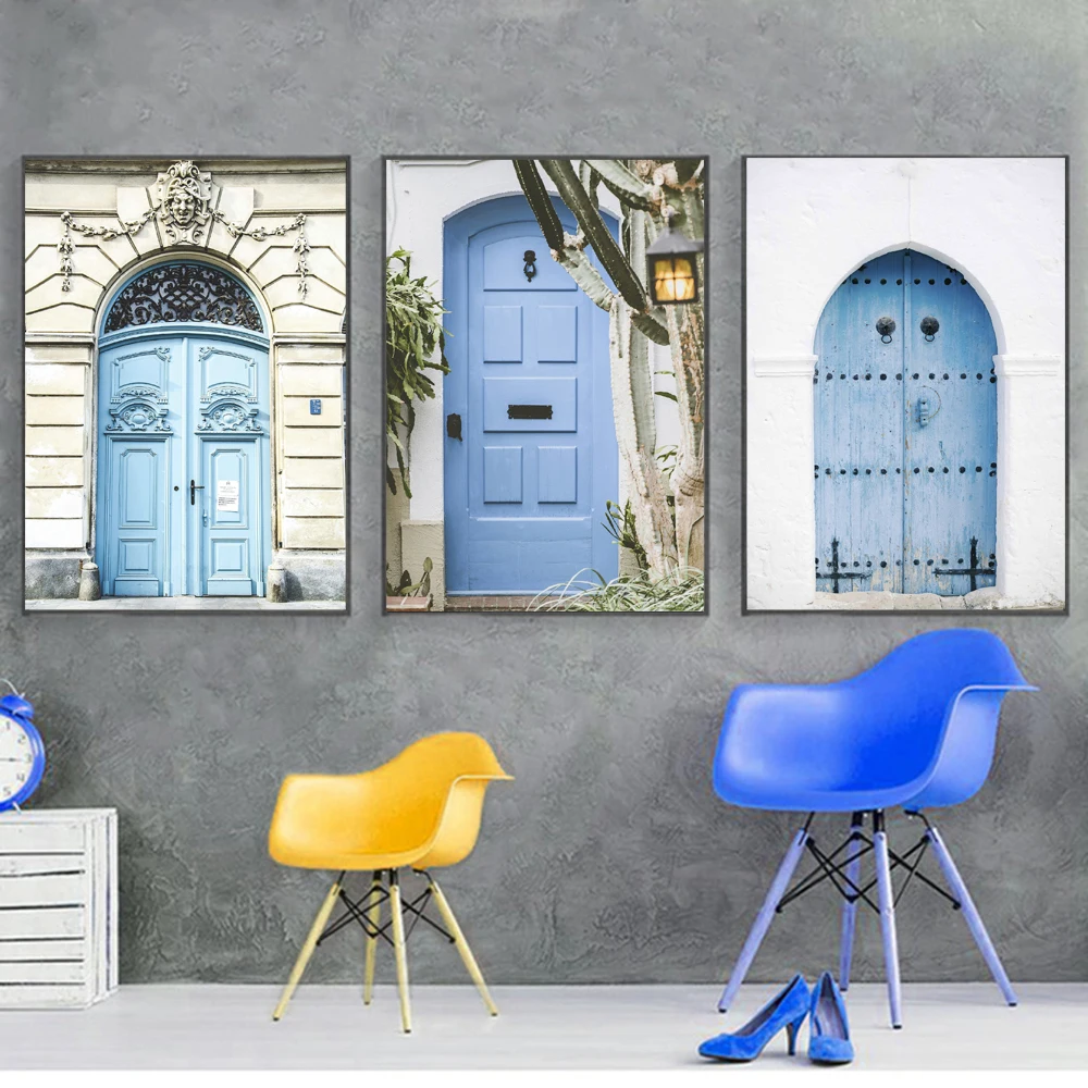 Настенная картина с изображением синей двери в европейском стиле для старого