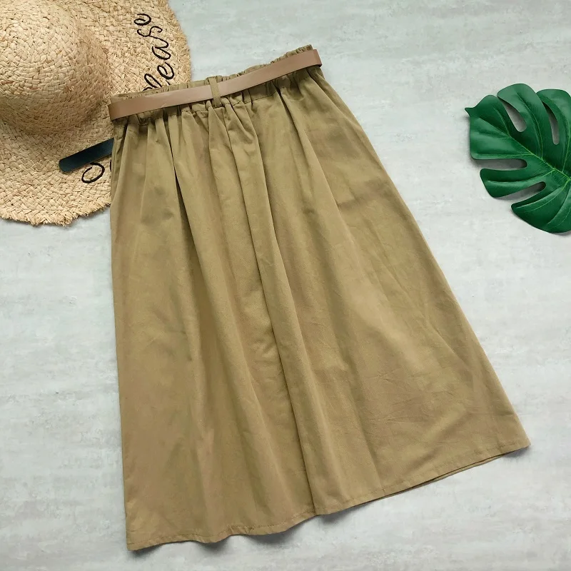 

Women Skirts Fashion 2021 Mid-Calf Empire Belt Cotton A-line Pocket Casual Knee Length Skirt Sashes Buttons Sexy Skirt