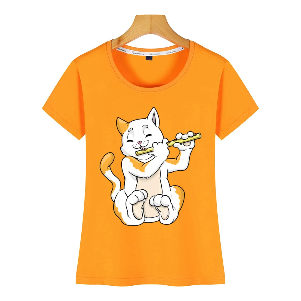 Женские топы футболки красивые женские с изображением кота флейты юмором