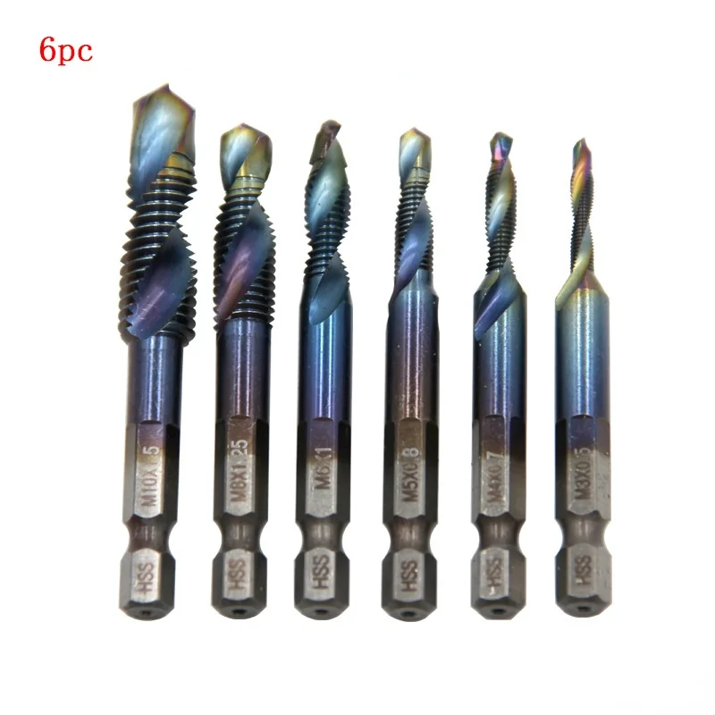 

6Pc Hexagonal Handle Blue Composite Tap Blue Plated Drilling Tapping Integrated Tap Set