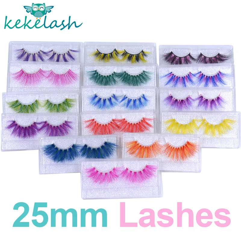 Kekelash halloween colored rainbow real mink eyelash lashes wholesale 25mm long strip eye lashes bulk cosplay party makeup lash