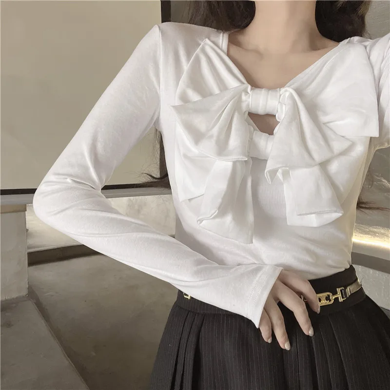 

Korean White Long Sleeve Ladies Tops Hollow Out Bow Ins Hipster Tee Sweet Style Spring Autumn New Slim T Shirt for Women Clothes