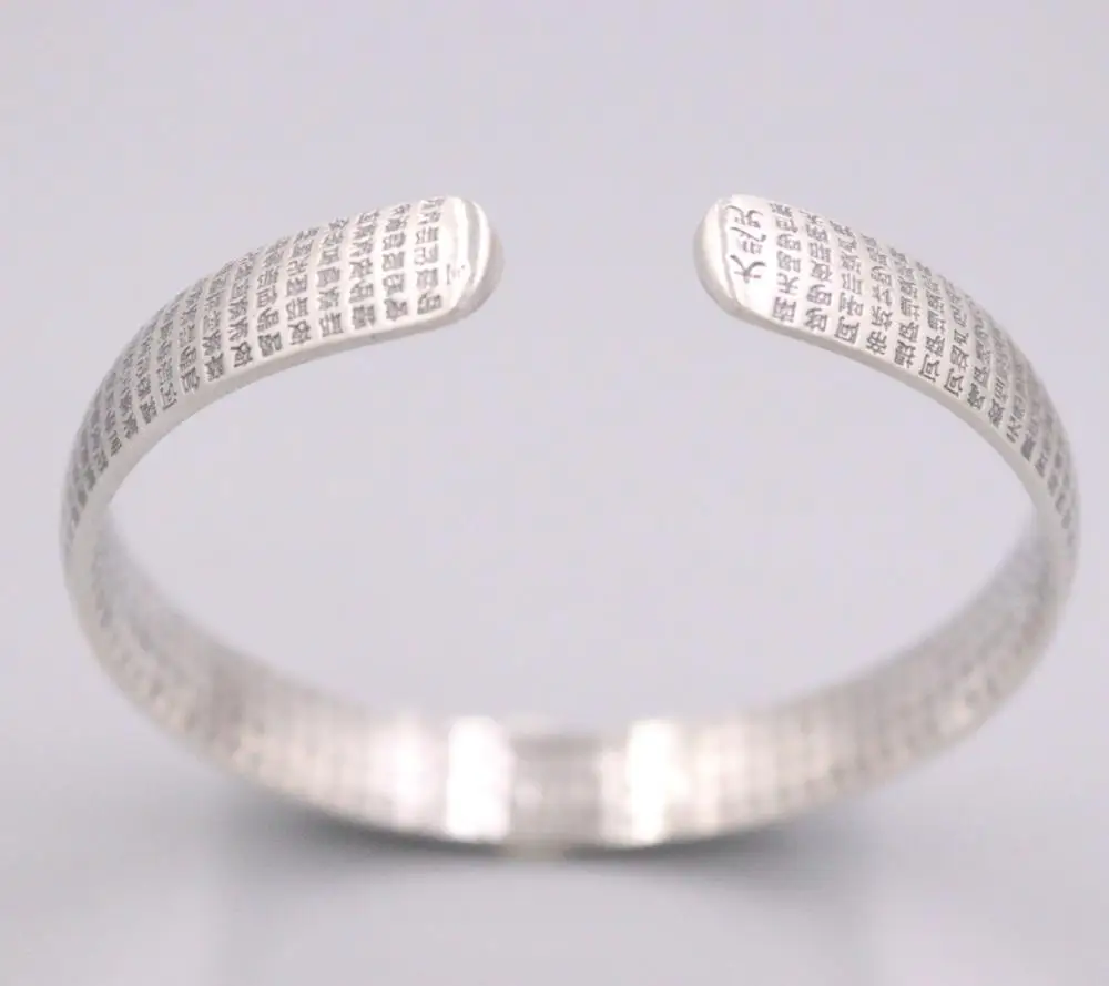 Браслет манжета из чистого серебра 999 пробы с цветком лотоса и буддистским