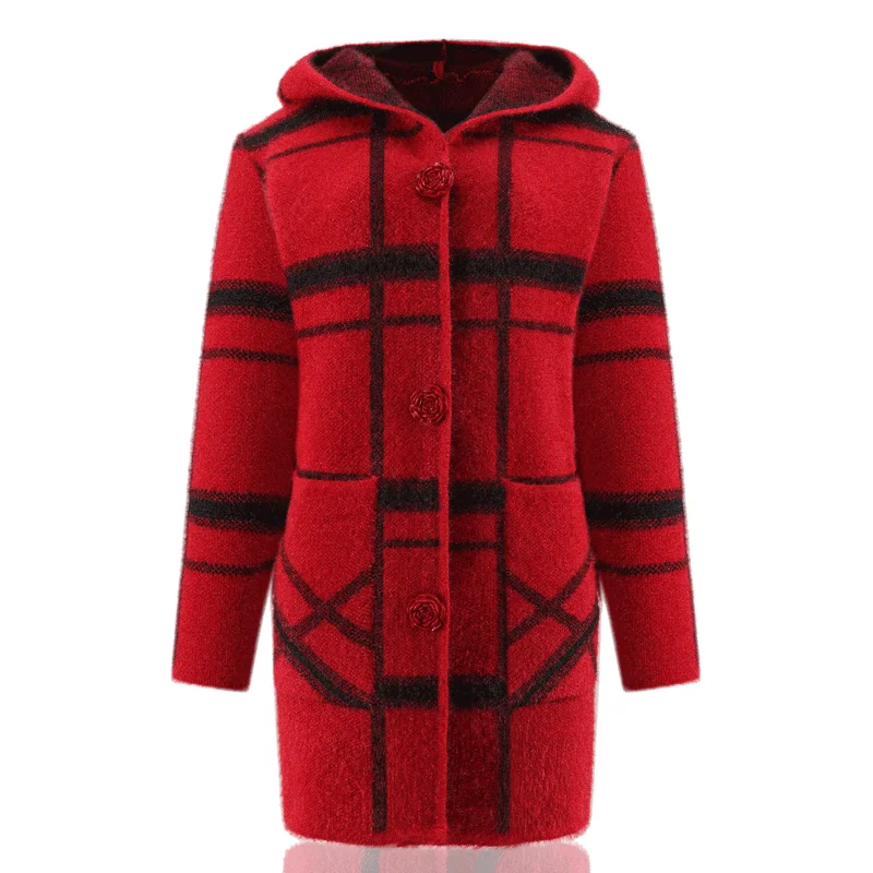 

Women's Long Sweater Coat Winter Thicked Warm Hooded Knit Cardigan Jacket Middle-aged Mother Mohair Sweater