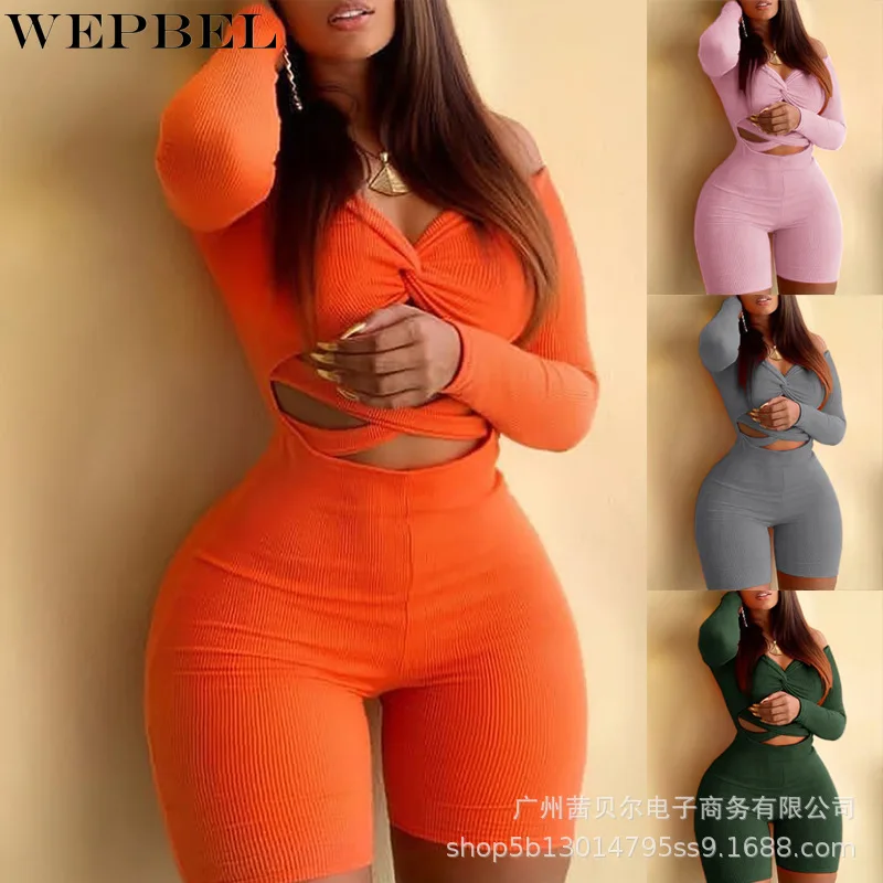 

Женские комбинезоны WEPBEL, облегающие комбинезоны с длинным рукавом, сексуальные прямые комбинезоны с V-образным вырезом, открытыми плечами и...