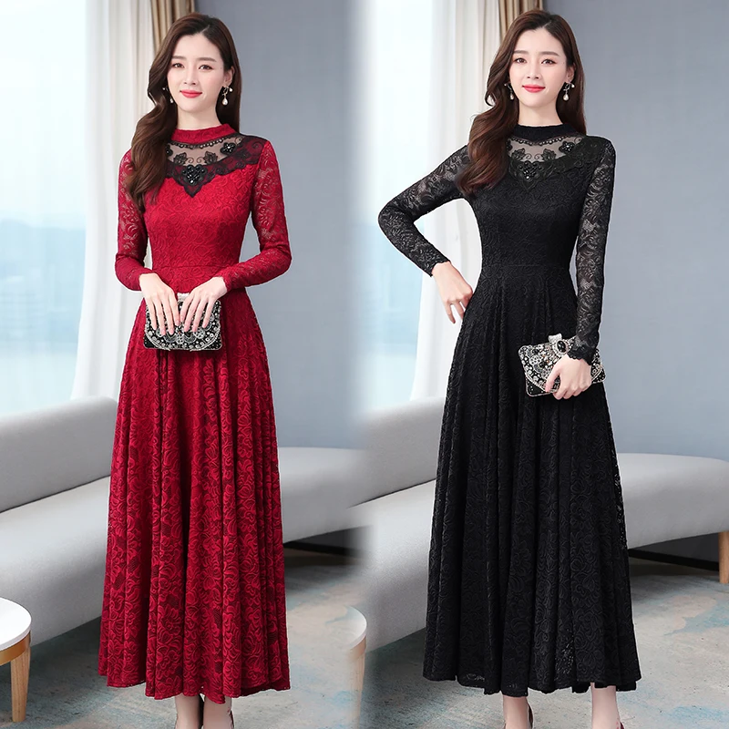 Женское черное красное кружевное платье весна осень корейский стиль женские