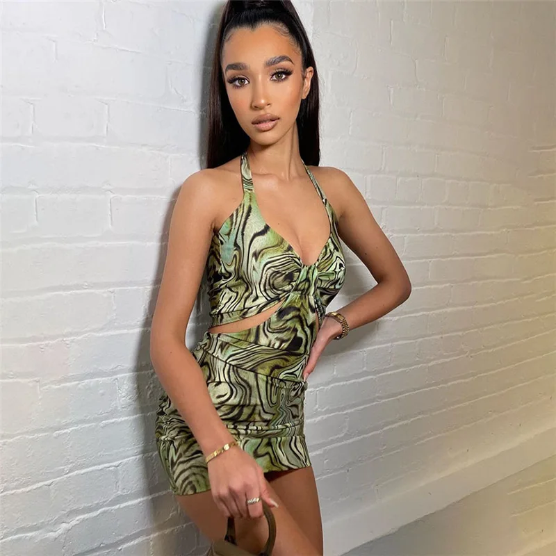 

Halter Bodycon Dress Mini Hollow Out Sexy Beach Dresses Strappy V-Neck Zebra Stripes Club Outfits Summer 2021 Women'S Clothing