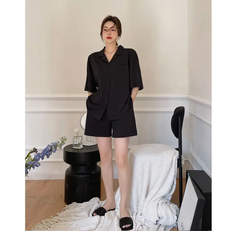 QWEEK Pajamas for Couples Brief Black 2 Piece Female Sets Sleepwear Solid Pijama Summer Suits with Shorts Pyjamas Loungwear Pjs