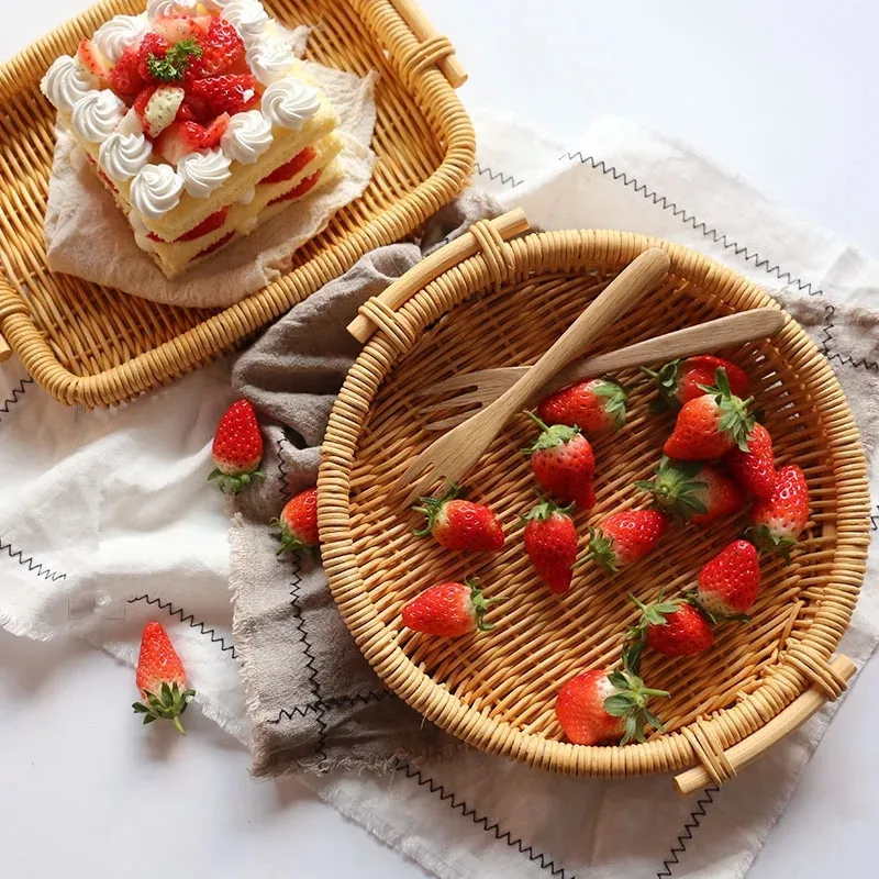 Из Ротанга ручной лоток с ручкой круглая квадратная Портативный хлеб контейнер