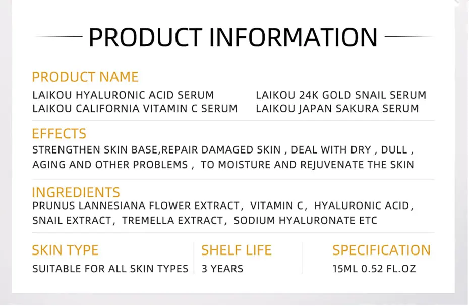 LAIKOU 15ml Original Serum Sakura Anti Aging Hyaluronic Acid Pure 24K Gold Whitening Vitamin C Essence Skin Care Face Serums