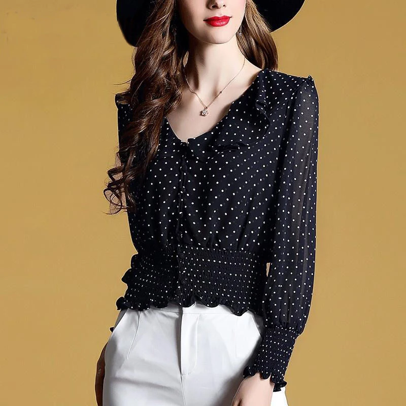

Women'S Spring Autumn Style Chiffon Blouses Shirt Women'S V-Neck Long Sleeve Polka Dot Ruffles Korean Casual Tops SP777
