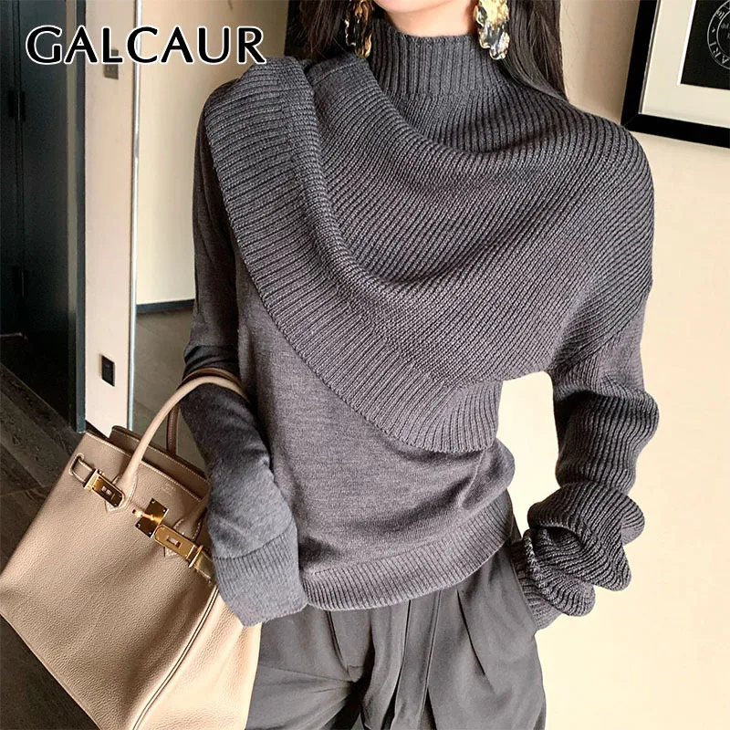 

GALCAUR Patchwork Fake Two Piece Slim Solid Sweater For Women Turtleneck Long Sleeve Casual Pullover Female Clothing 2021 Autumn