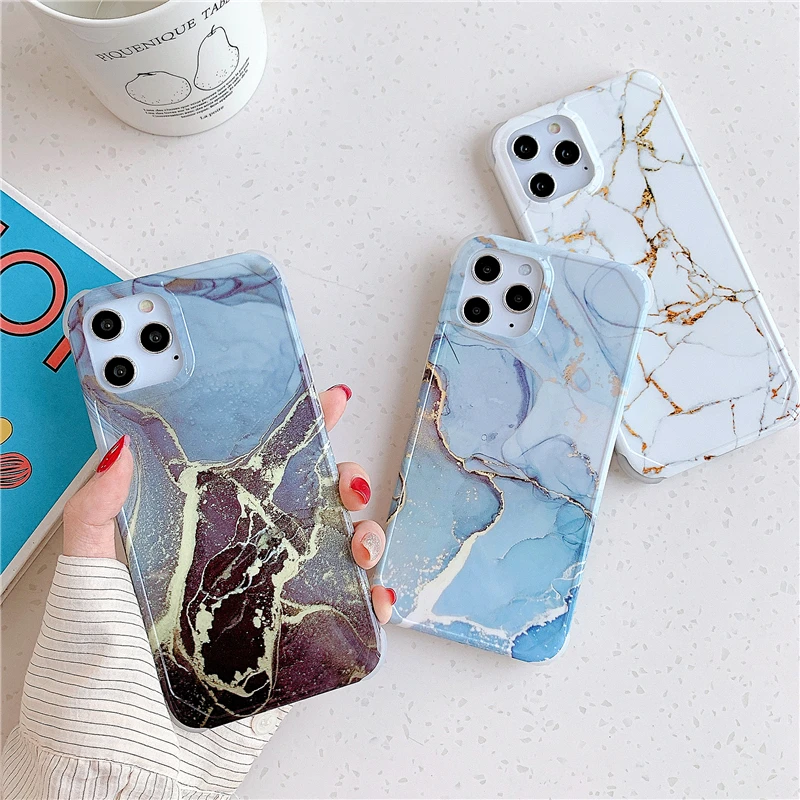 Роскошный Жесткий чехол из голубого золота и мрамора для iPhone 12 Pro 11 Max XR SE 2020 7 8 Plus X
