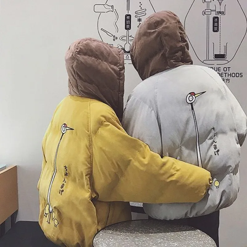 Winter Cotton Padded Jacket Women Unisex Thickened Korean Loose Coat Couple Kawaii Cartoon Print Color Contrast Hooded Coat