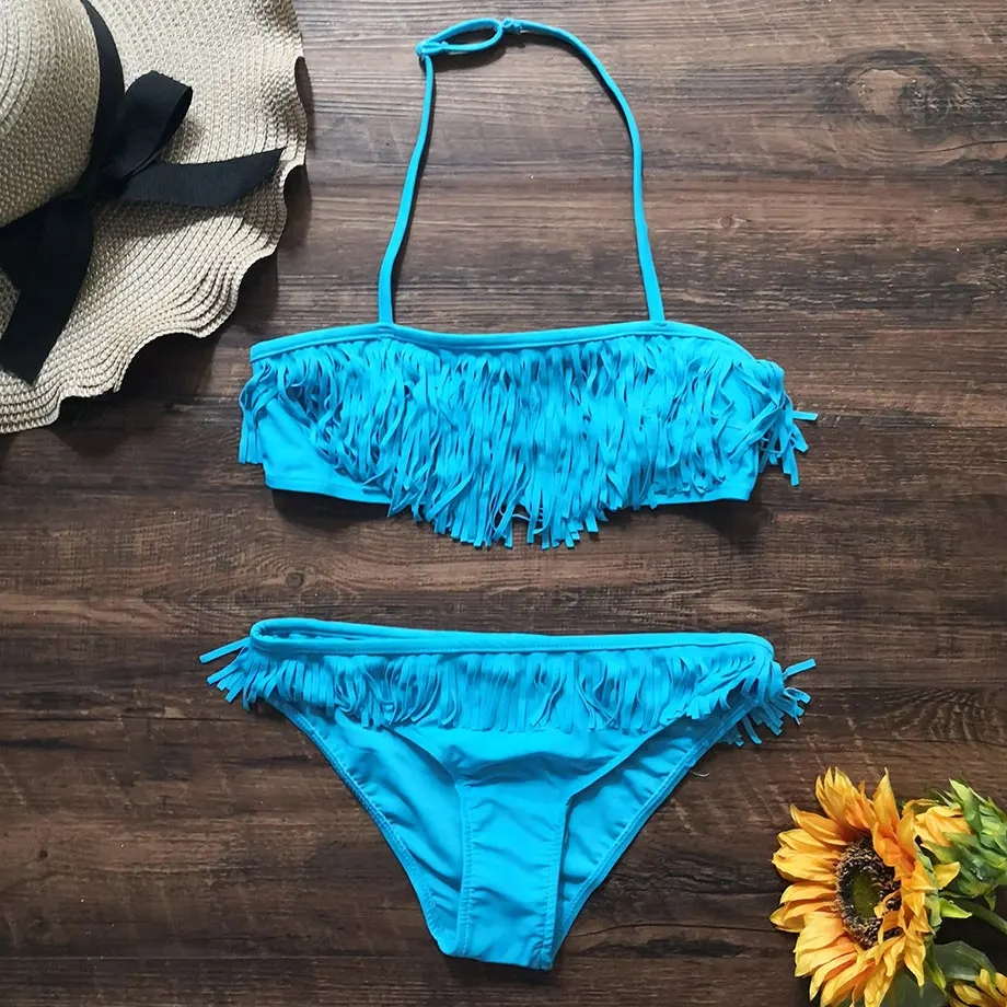 9-14 Years Girl Swimsuit Kids Swimwear Tassel Teenage Bikini Set Halter Top Girls Bathing Suit 2 Piece Children's