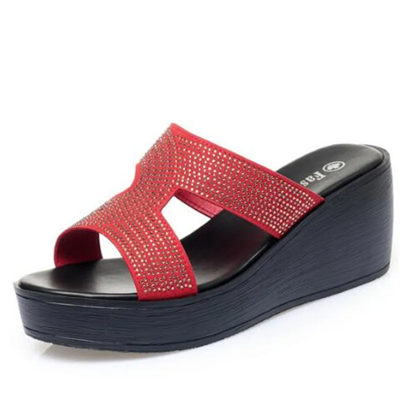 

2021 Summer High-quality Microfiber Rhinestones Slippers Fashion Sandals Platform Wedge Heighten Slippers Women Sandal Shoes