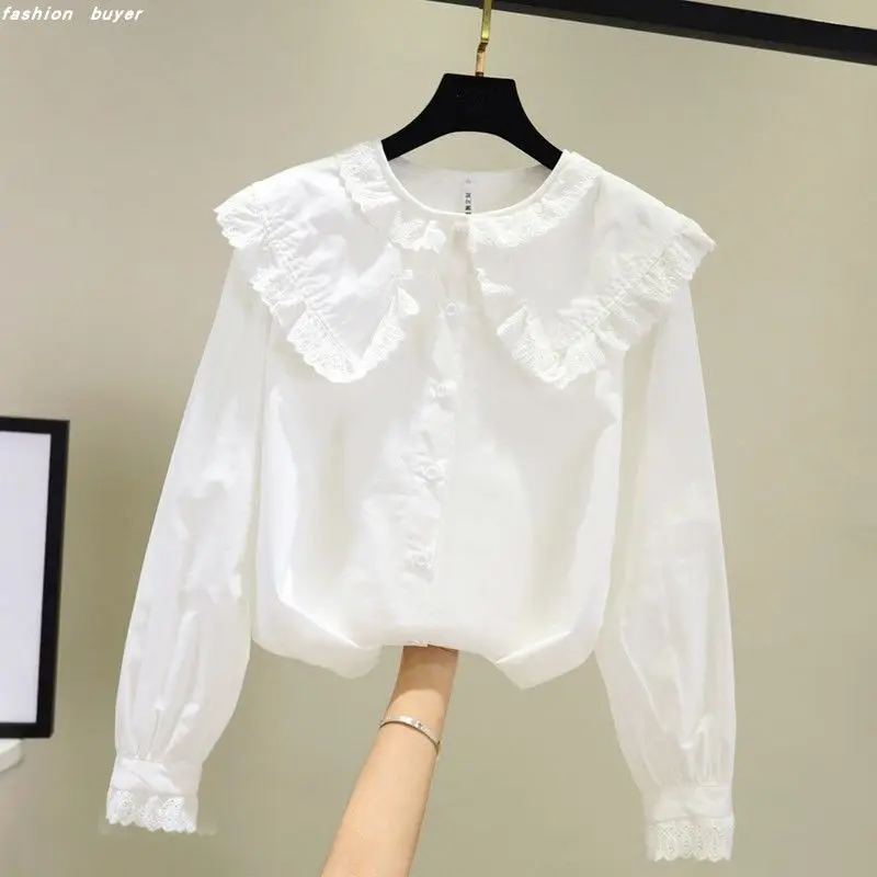 2021 Fashion Women Blouse With Peter Pan Collar Ruffled Blouses Vintage Long Sleeve Button Female Preppy Style Shirts D85