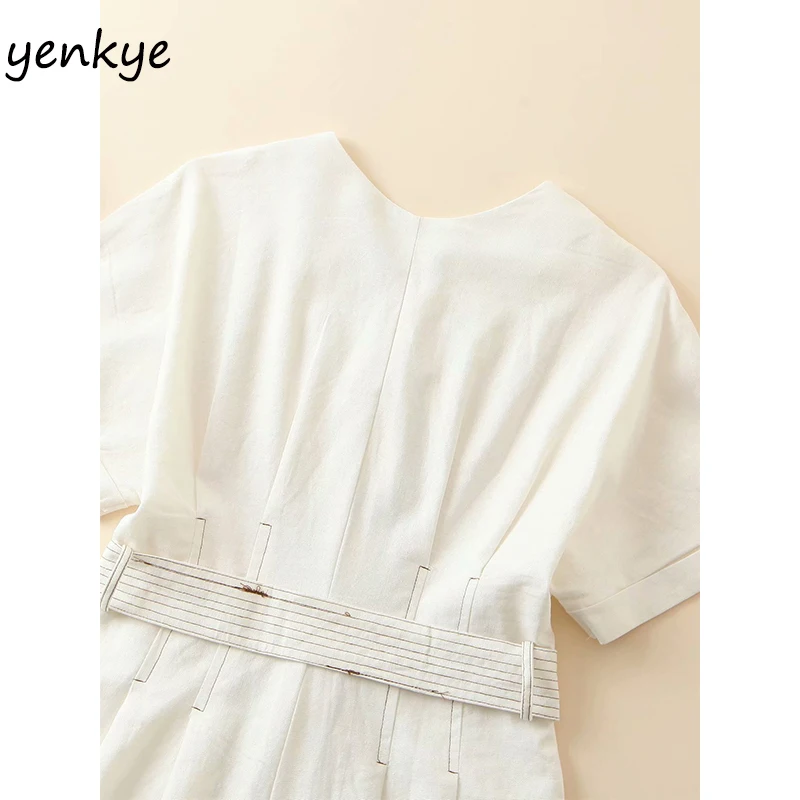 

Vintage Linen Jumpsuit Women V Neck Short Sleeve Sashes Casual Jumpsuit Short romper Holiday Summer Overalls Playsuit XQB006