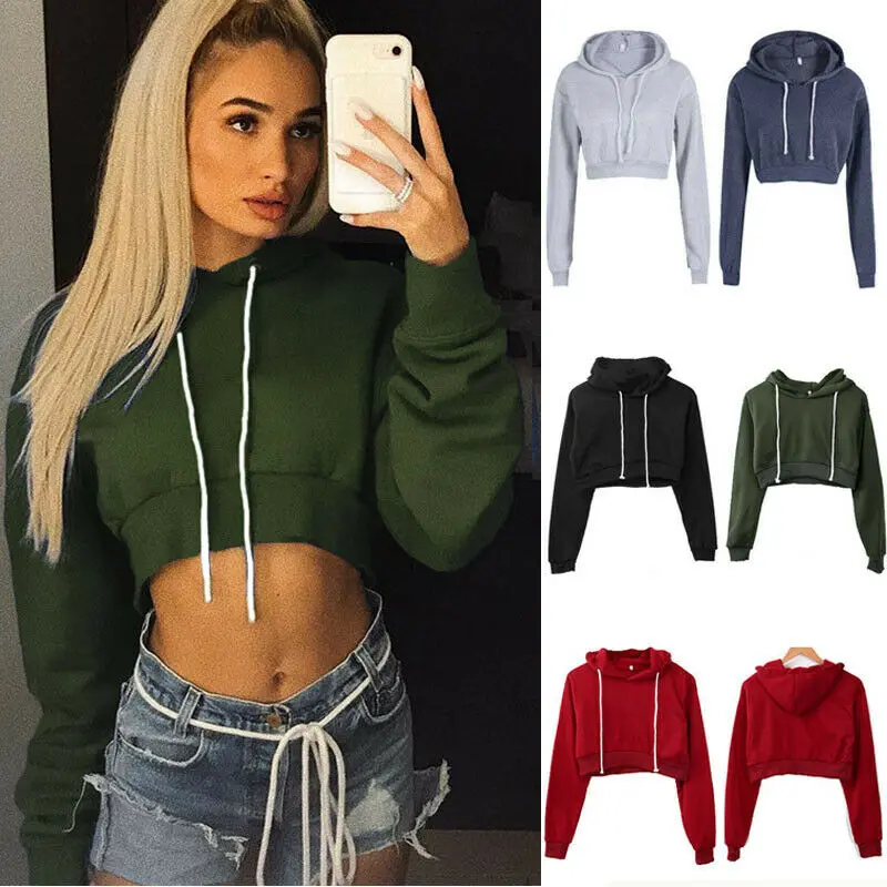 Meihuida 2021 Women's Hoodie Long Sleeve Casual Sweatshirt Solid Crop Top Pullover Spring&Autumn Fashion Clothes