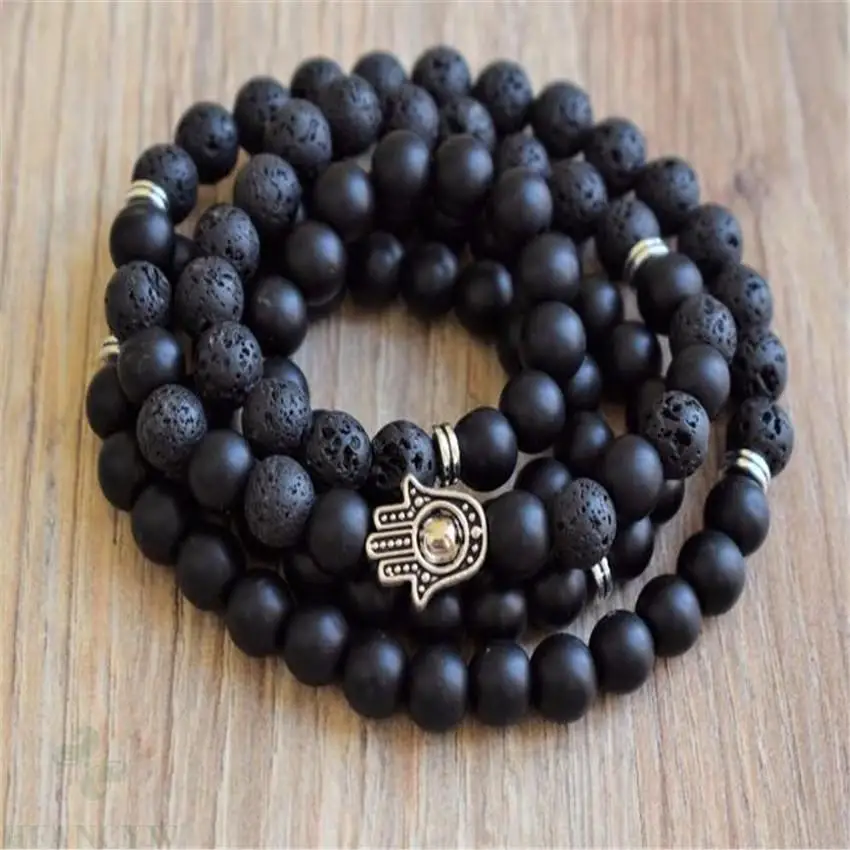 

8mm Black Lava Stone Obsidian 108 Gemstone mala Bracelet spirituality Fancy Wrist Wristband Bless Chakra Meditation yoga natural