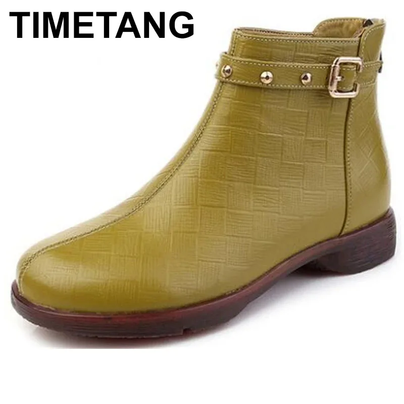 

TIMETANG New Ankle Boots Women Round Toe Flat Heels Genuine Leather Shoes Short Boots Soft Sole Footwear Plus Size 35-43