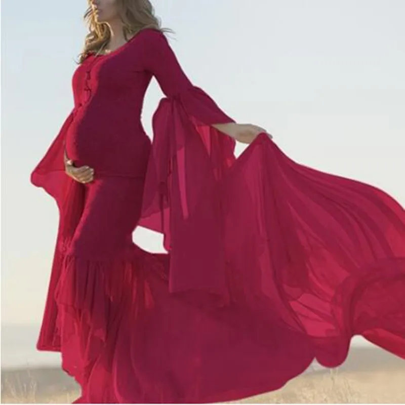 

Платье-макси для беременных летнее кружевное, без бретелек, с расклешенным рукавом