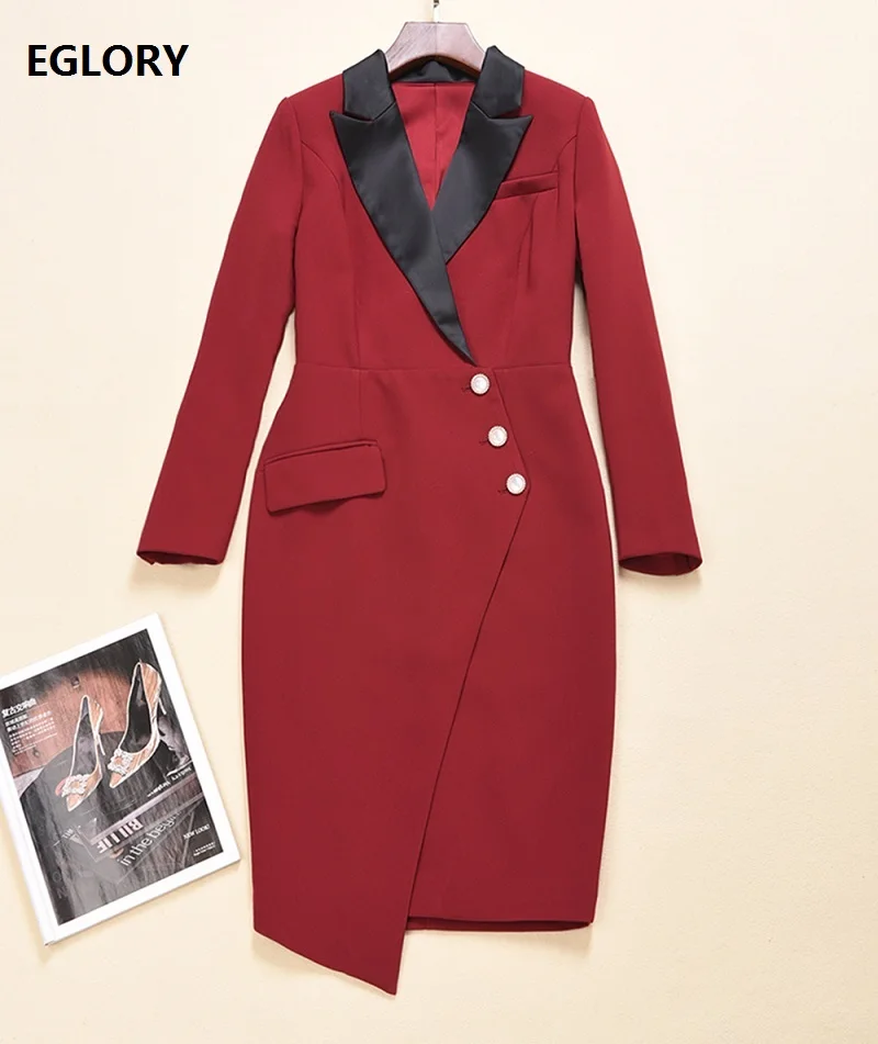 

Женское облегающее платье-Блейзер, длинное деловое платье с отложным воротником, пуговицами и длинным рукавом, украшенное бусинами, Осень-з...