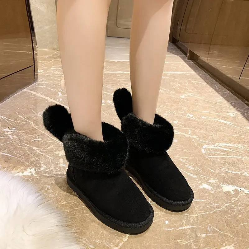 Fashion The New Snow Boots Women Winter Flock Ankle Rabbit ears Slip-On Round Toe Low (1cm-3cm) Flat With Plush Solid Keep Warm