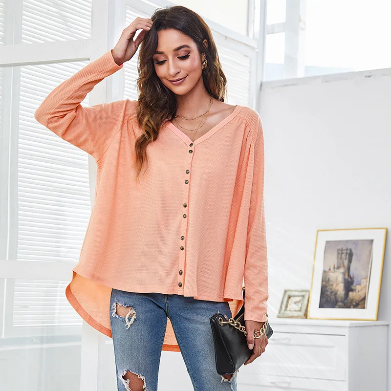 

Button Through V-Neck Loose Blouse Long Sleeve for Women Solid Color Casual Tops Lady Black White Tees Tshirts For Autumn Spring