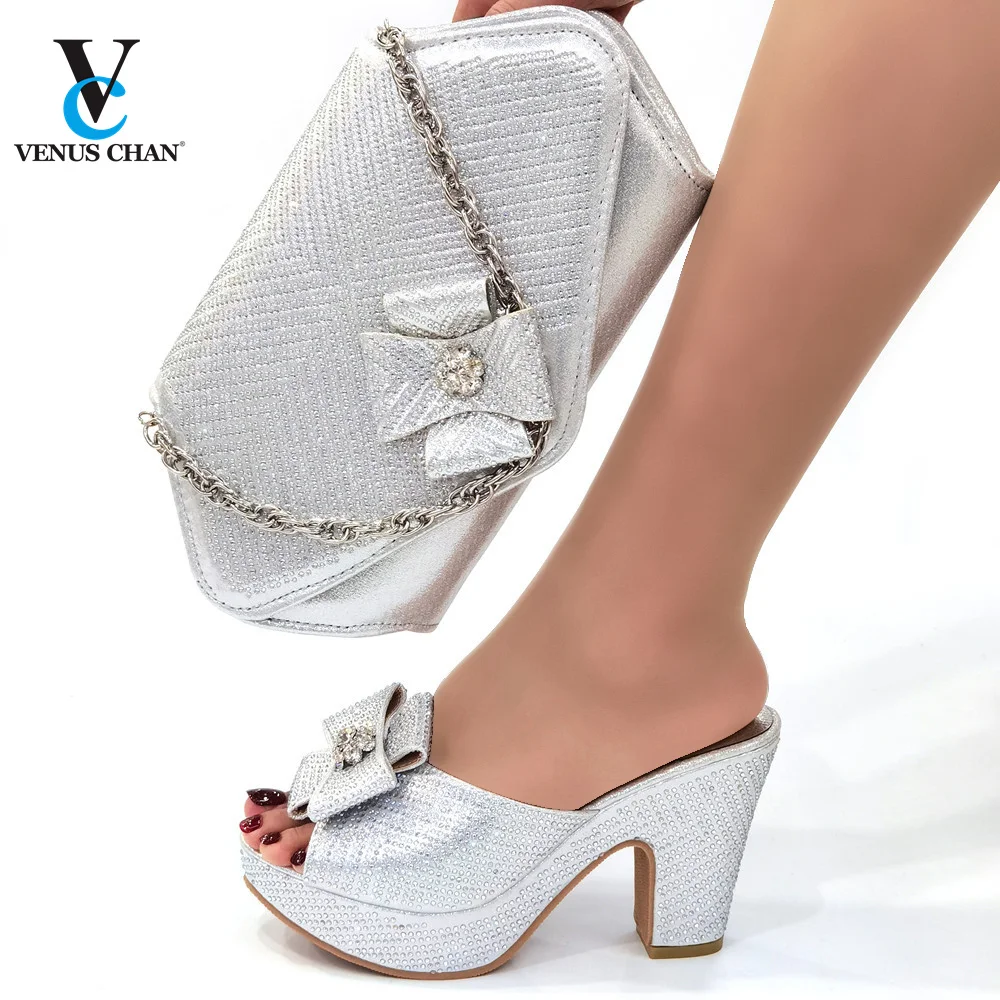 

Dew Elegant Style African Women Shoes Matching Hand Bag Set in Grey Silver Color Slingbacks Sandals with Platform for Party